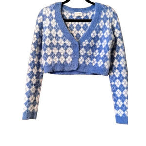 Sunday Best Argyle Cropped Cardigan Sweater Blue White Fuzzy Knit